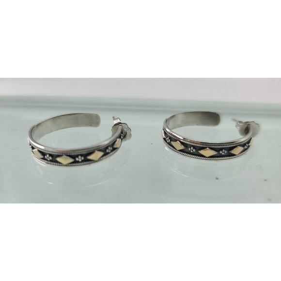 Vintage Southwestern Inspired Sterling Silver & 18k Gold Hoop Earrings Pierced - Picture 1 of 7